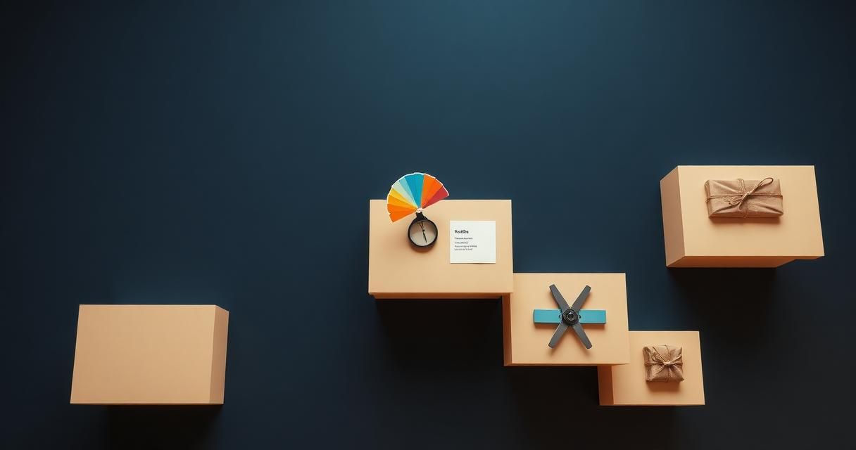 Overhead composition of five stepped platforms holding a notebook, compass, colour swatch fan, mockup card and wrapped delivery — mapping the Adstops creative process phases.