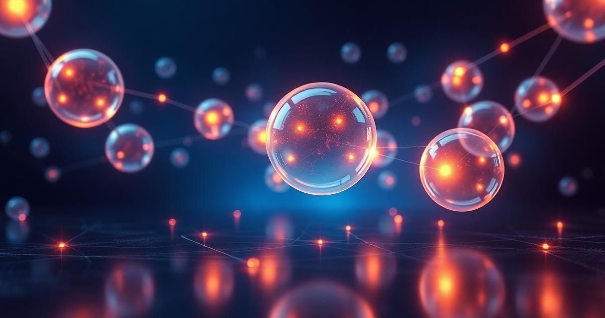 Glowing translucent orbs connected by fine light lines on a dark reflective surface — visual metaphor for AI answer engines and generative search.