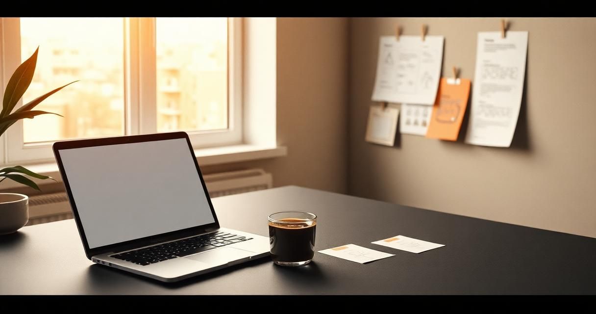 Minimalist startup founder desk with laptop, espresso, wireframe sticky notes and a mood board in warm morning light.