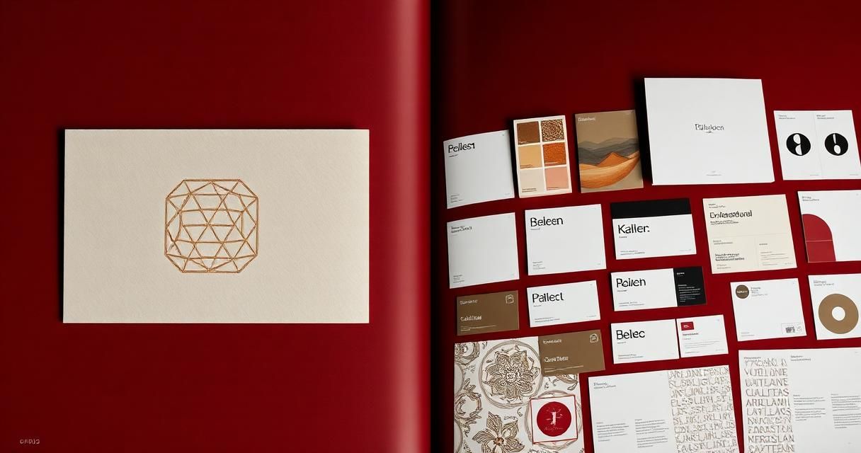 Split composition contrasting a single embossed logo mark on cream card with a full brand identity system of typography, colour and cards on burgundy.