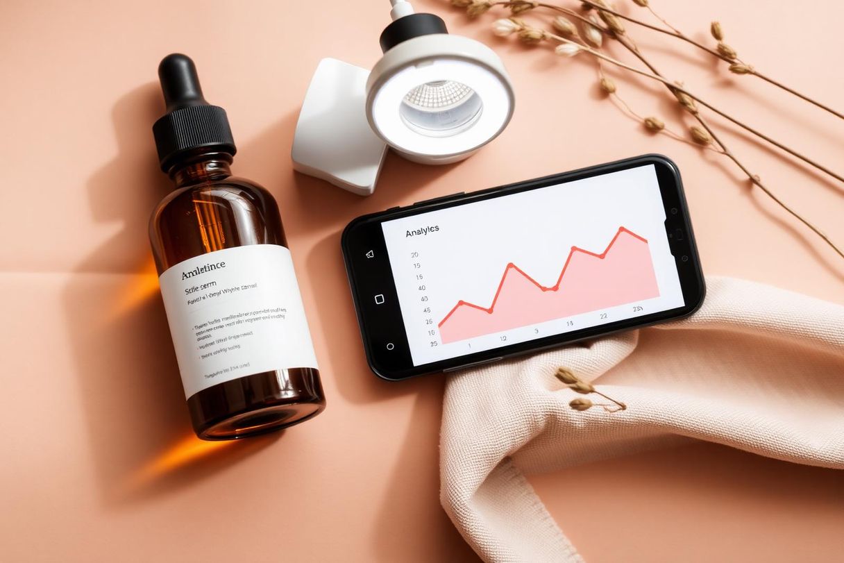Editorial flat lay of an unbranded amber skincare serum bottle beside a smartphone showing a rising analytics chart in coral, on a warm beige surface with linen and dried botanicals — case study visual for a DTC brand's Meta CAC reduction.