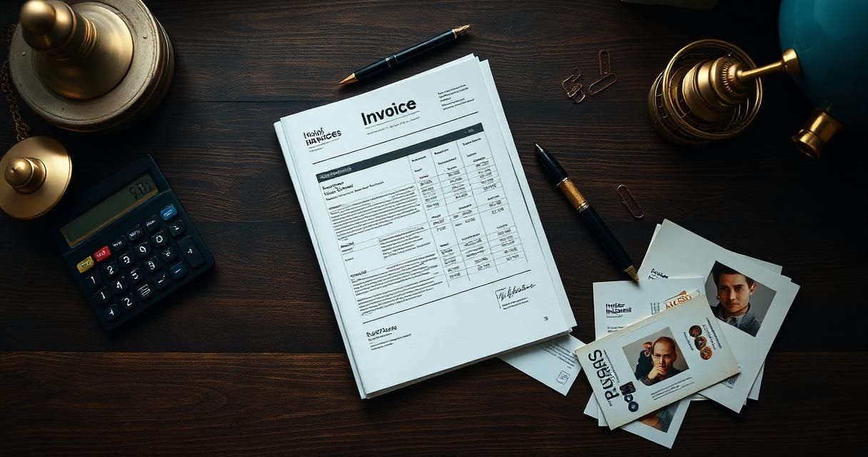Overhead flat lay of an agency invoice, calculator, fountain pen, and colour swatches on a dark wooden desk — illustrating creative agency pricing models.