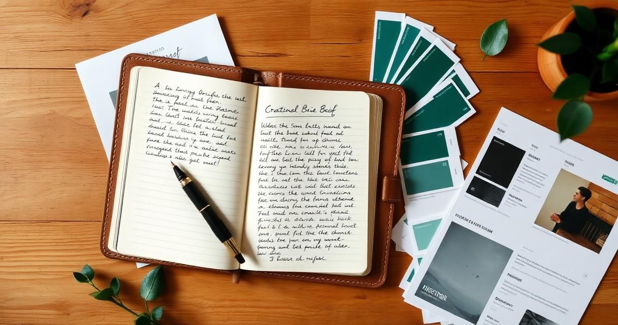 Open leather notebook with a handwritten creative brief, fountain pen, tear sheets and paint chips laid out on an oak desk.