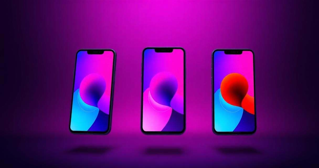 Three floating smartphones displaying colourful abstract advertising creatives against a magenta and cyan gradient.