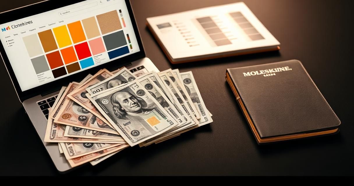 US dollar and British pound banknotes fanned beside a laptop showing colour palettes — visualising creative agency costs in the US and UK.