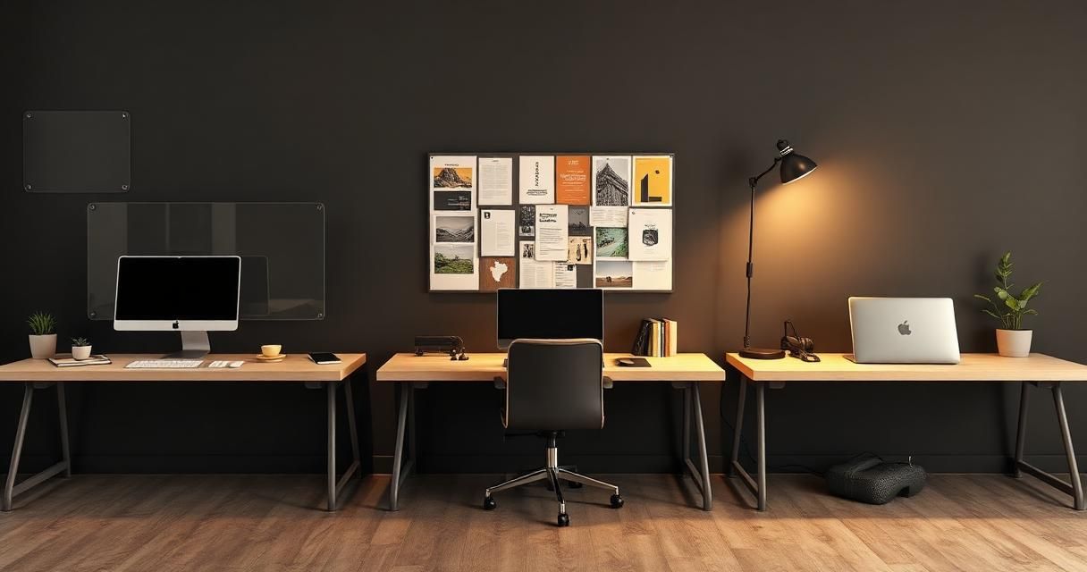 Three distinct empty designer desks in a row — a corporate glass desk, a warm agency desk with a mood board, and a minimalist freelancer laptop desk.