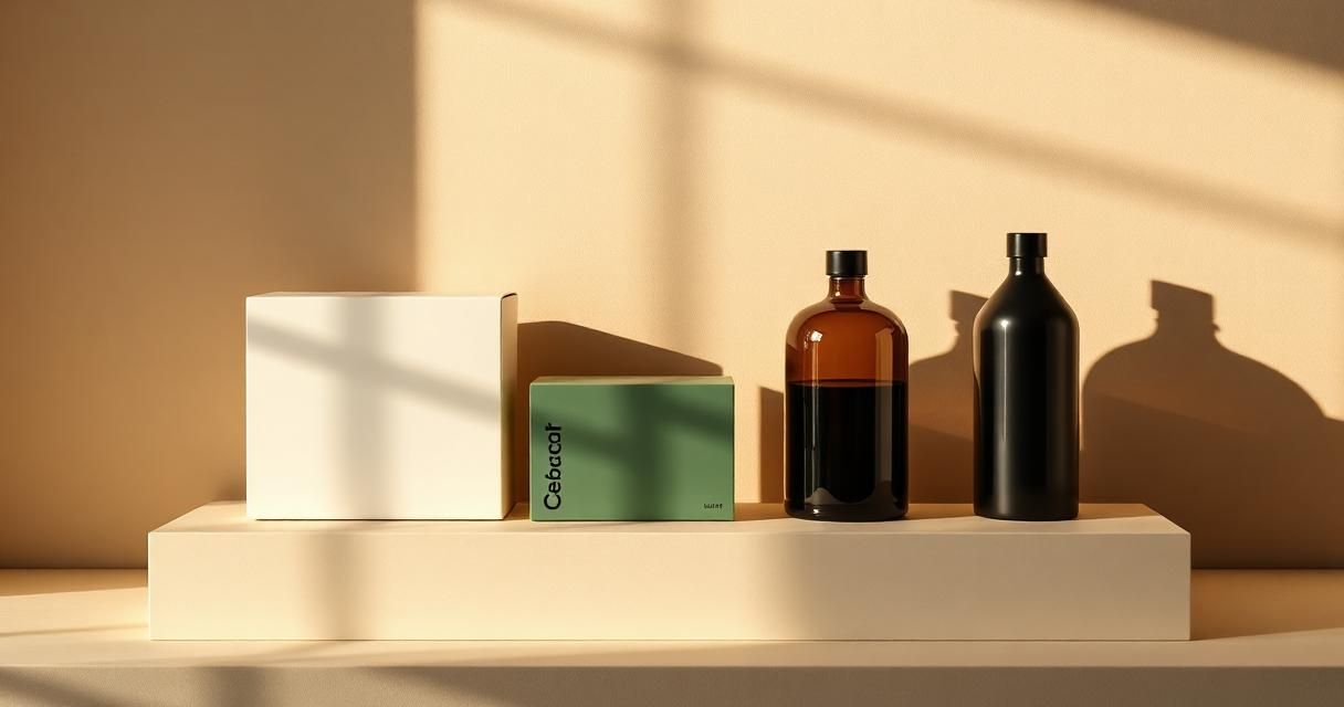Three unbranded premium product boxes and glass bottles arranged on a cream pedestal with dramatic side lighting.